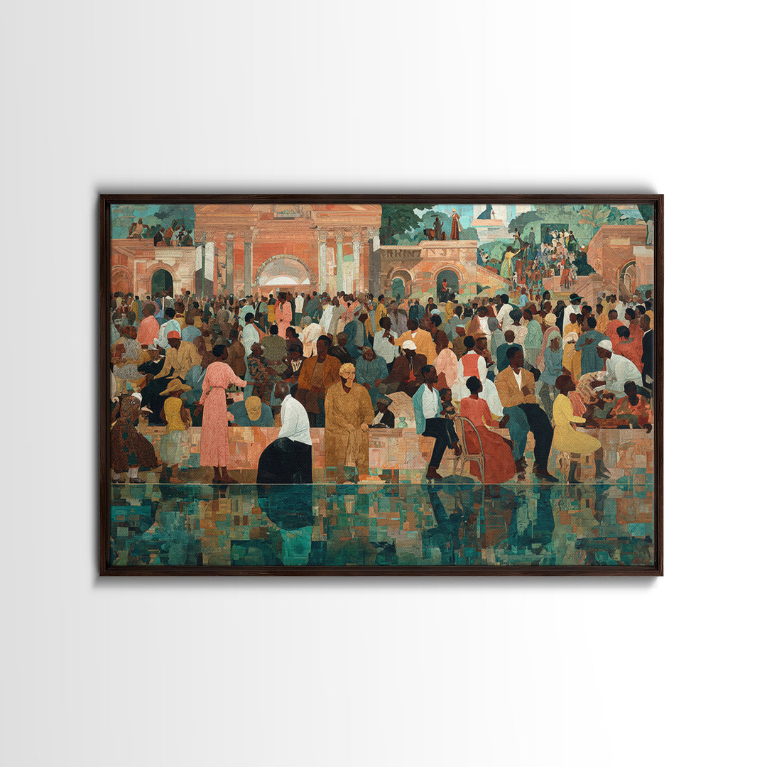 Vibrant African Plaza Crowd Wall Art, Cultural Celebration Canvas Print, Black People Decor, Afrocentric Home Decor Gift