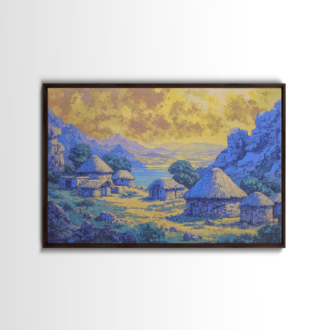 Blue African Village Landscape Wall Art, Thatched Hut Canvas Print, Motherland Nature Scene, Safari Home Decor Gift For Living Room