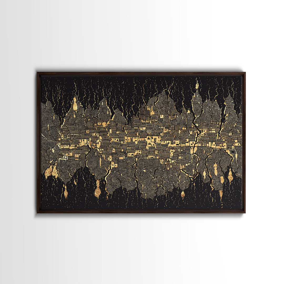 Gold Black Mystical City Wall Art, Abstract African Pattern Canvas Print, Modern Tribal Decor, Luxury Home Decor Statement Piece
