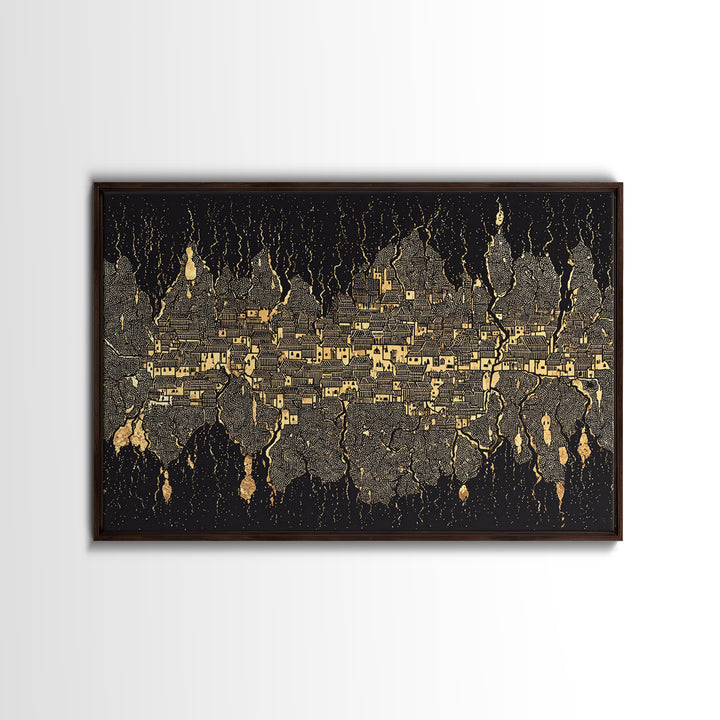Gold Black Mystical City Wall Art, Abstract African Pattern Canvas Print, Modern Tribal Decor, Luxury Home Decor Statement Piece