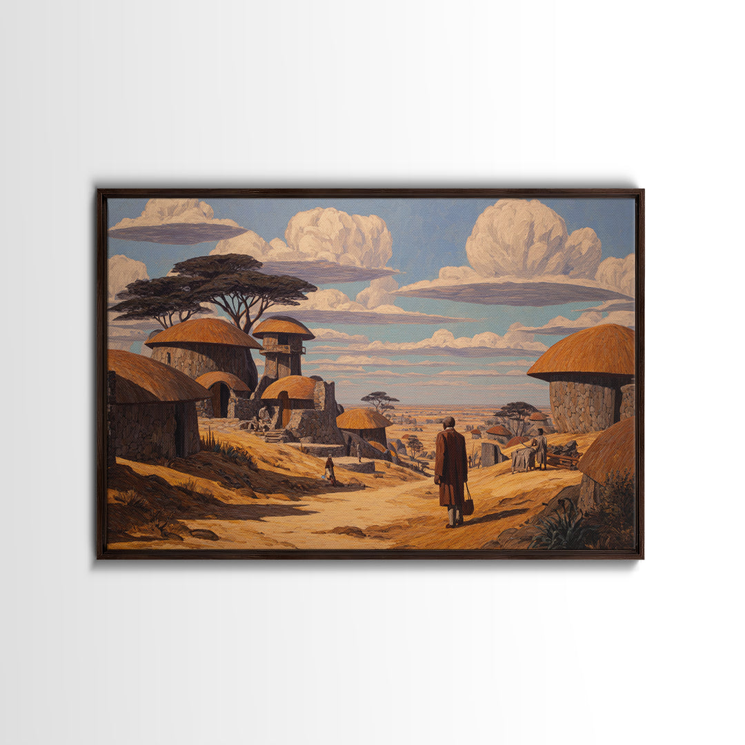 Thatched Village Path With Traveler Wall Art, African Landscape Canvas, Safari Hut Decor, Cultural Home Decor Gift For Living Room