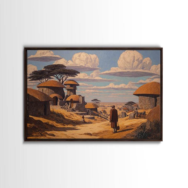 Thatched Village Path With Traveler Wall Art, African Landscape Canvas, Safari Hut Decor, Cultural Home Decor Gift For Living Room
