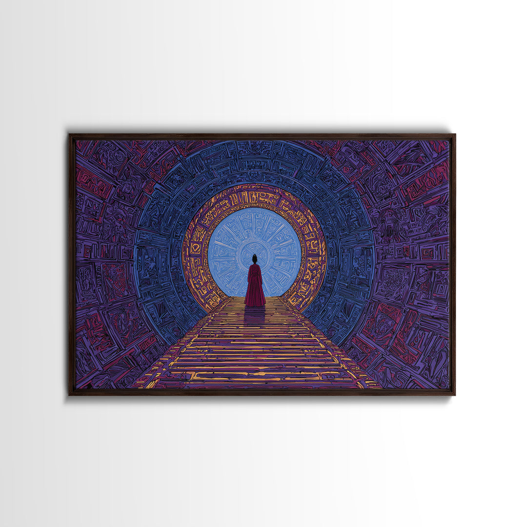 Red Robed Woman Before Blue Portal Framed Canvas Print, Mystical African Art, Spiritual Wall Decor For Meditation Room Gift