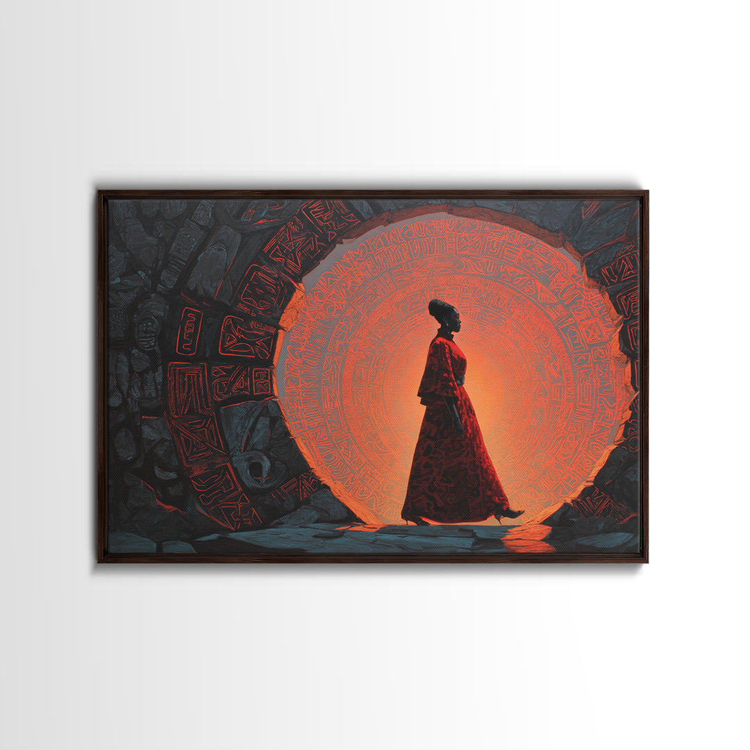Silhouette Woman At Orange Ancient Portal Wall Art, Afrofuturism Canvas Print, Spiritual African Decor For Home Or Office