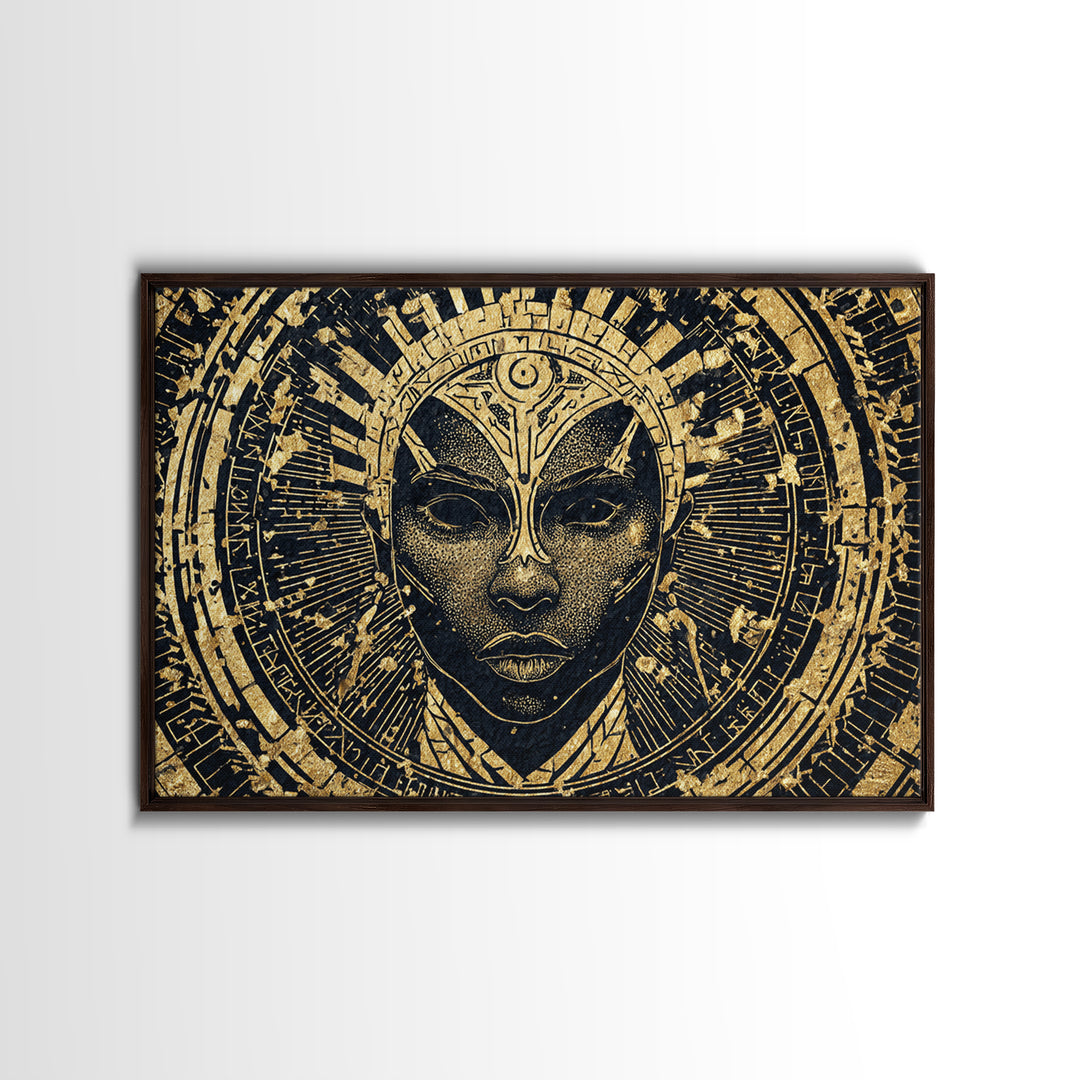 Gold Black Tribal Mask Face Wall Art, African Abstract Portrait Canvas Print, Spiritual Statement Decor For Living Room Gift