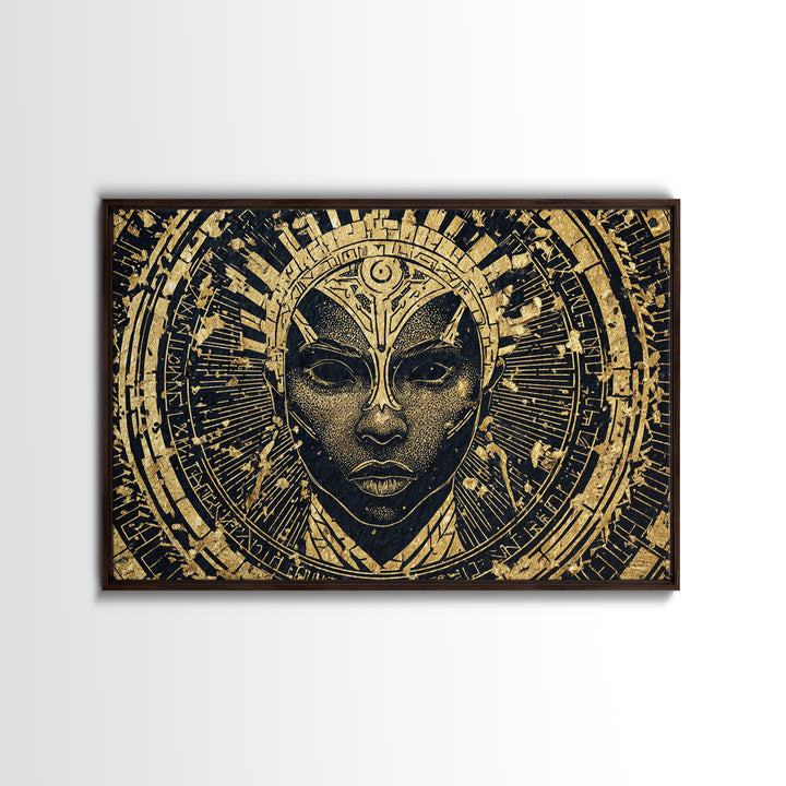 Gold Black Tribal Mask Face Wall Art, African Abstract Portrait Canvas Print, Spiritual Statement Decor For Living Room Gift