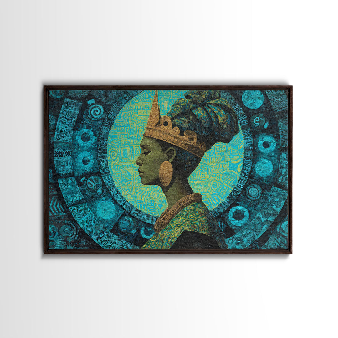 Turquoise Crowned African Queen Profile Wall Art, Afrocentric Portrait Canvas Print, Teal Cultural Decor For Home Or Office Gift