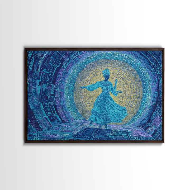 Ethereal Blue Whirling Dancer Portal Wall Art, African Inspired Spiritual Wall Decor, Teal Gold Boho Modern Canvas Print