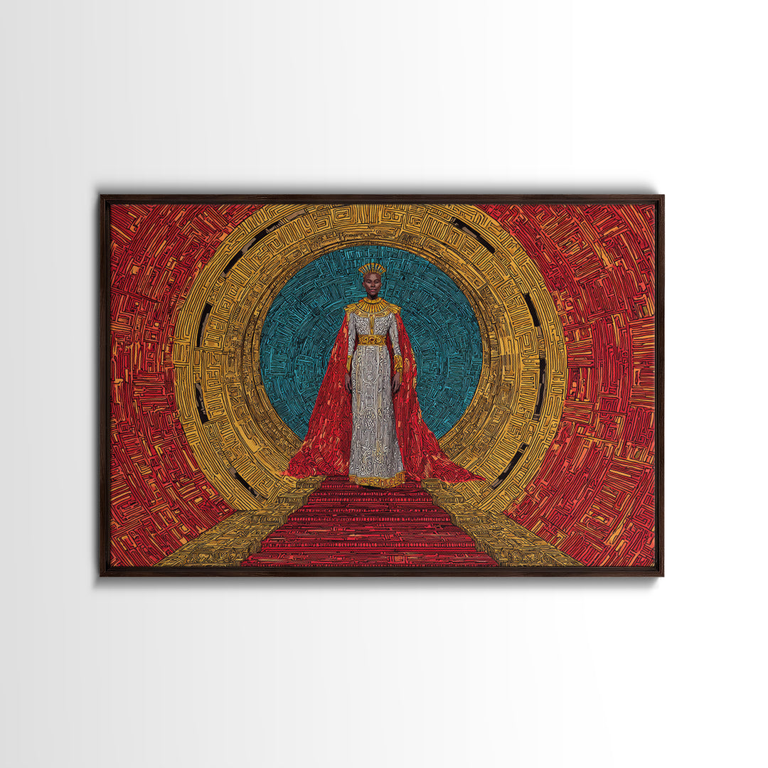 Regal African Queen In Red Cape Framed Canvas Print, Afrocentric Wall Art, Black Goddess Portrait, Luxury Home Decor Gift