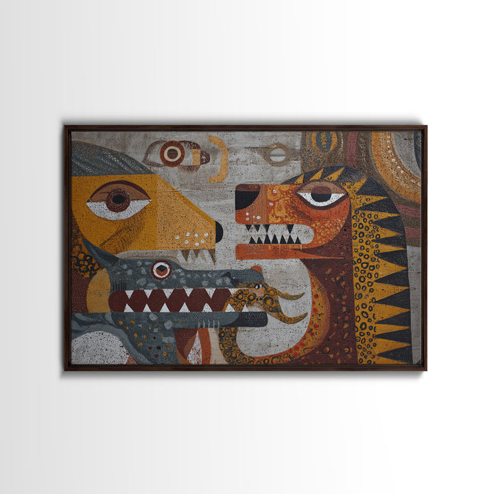 Cubist Tribal Animal Masks Wall Art, African Inspired Abstract Painting, Earth Tone Safari Decor, Modern Canvas Print Gift
