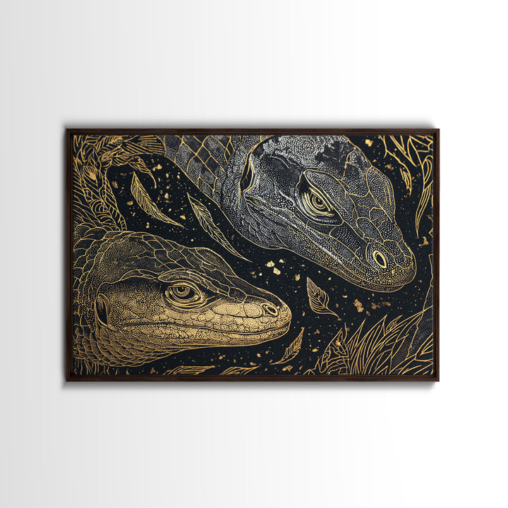Black And Gold Lizard Pair Wall Art, African Animal Art Print, Elegant Reptile Home Decor, Luxury Canvas Print, Nature Gift