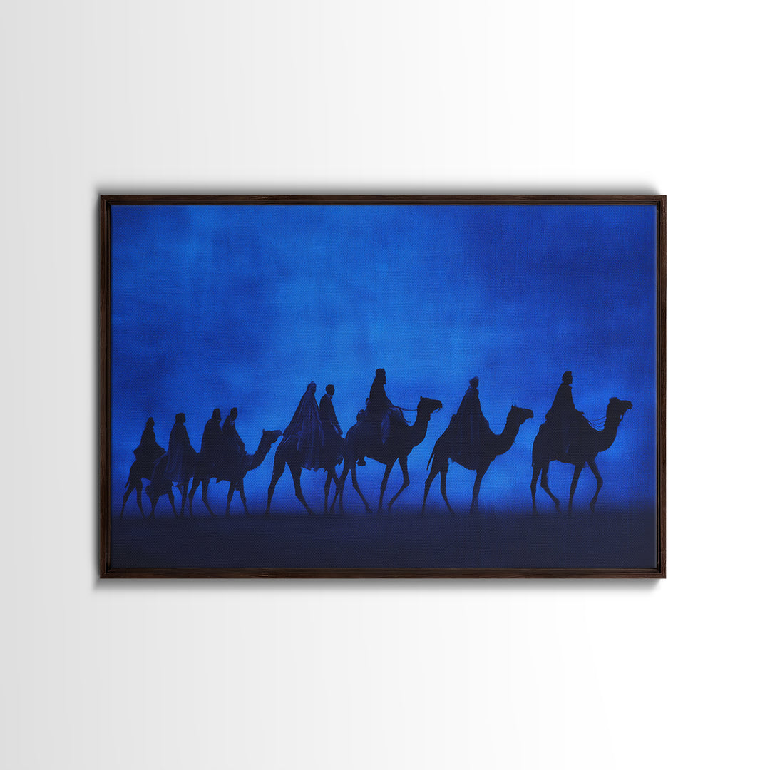 Blue Desert Camel Caravan Silhouette Wall Art, African Travel Poster, Sahara Safari Decor, Minimalist Canvas Print Gift For Him