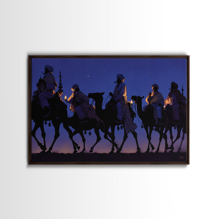 Blue Desert Camel Caravan With Lanterns Canvas Print, African Safari Art, Moroccan Travel Poster, Boho Wall Decor, Living Room Decor