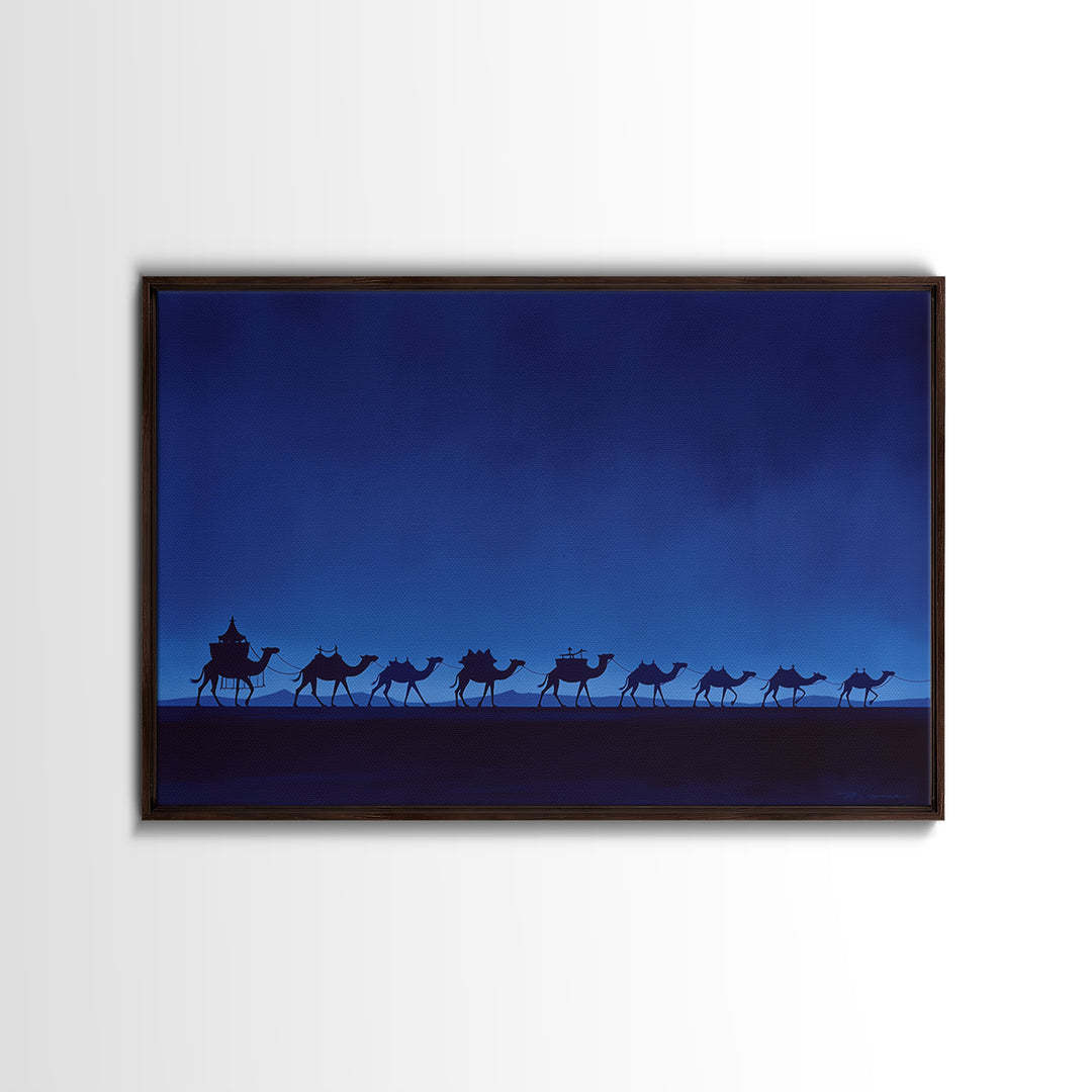 Minimalist Blue Camel Caravan Silhouette Wall Art, African Safari Print, Moroccan Travel Poster, Modern Desert Home Decor