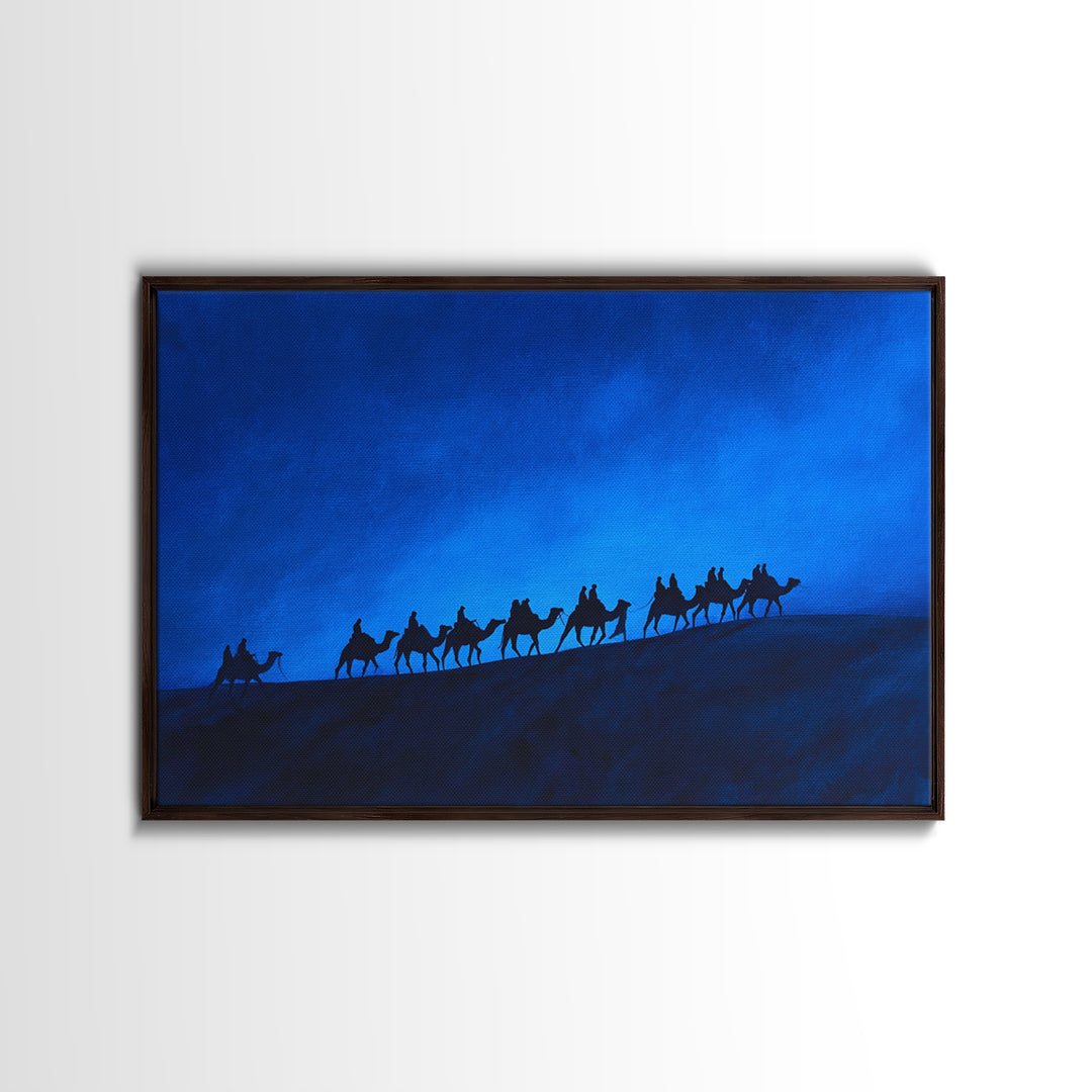 Blue Dune Camel Caravan Silhouette Framed Canvas Print, African Landscape, Sahara Travel Decor, Large Wall Art Prints For Living Room