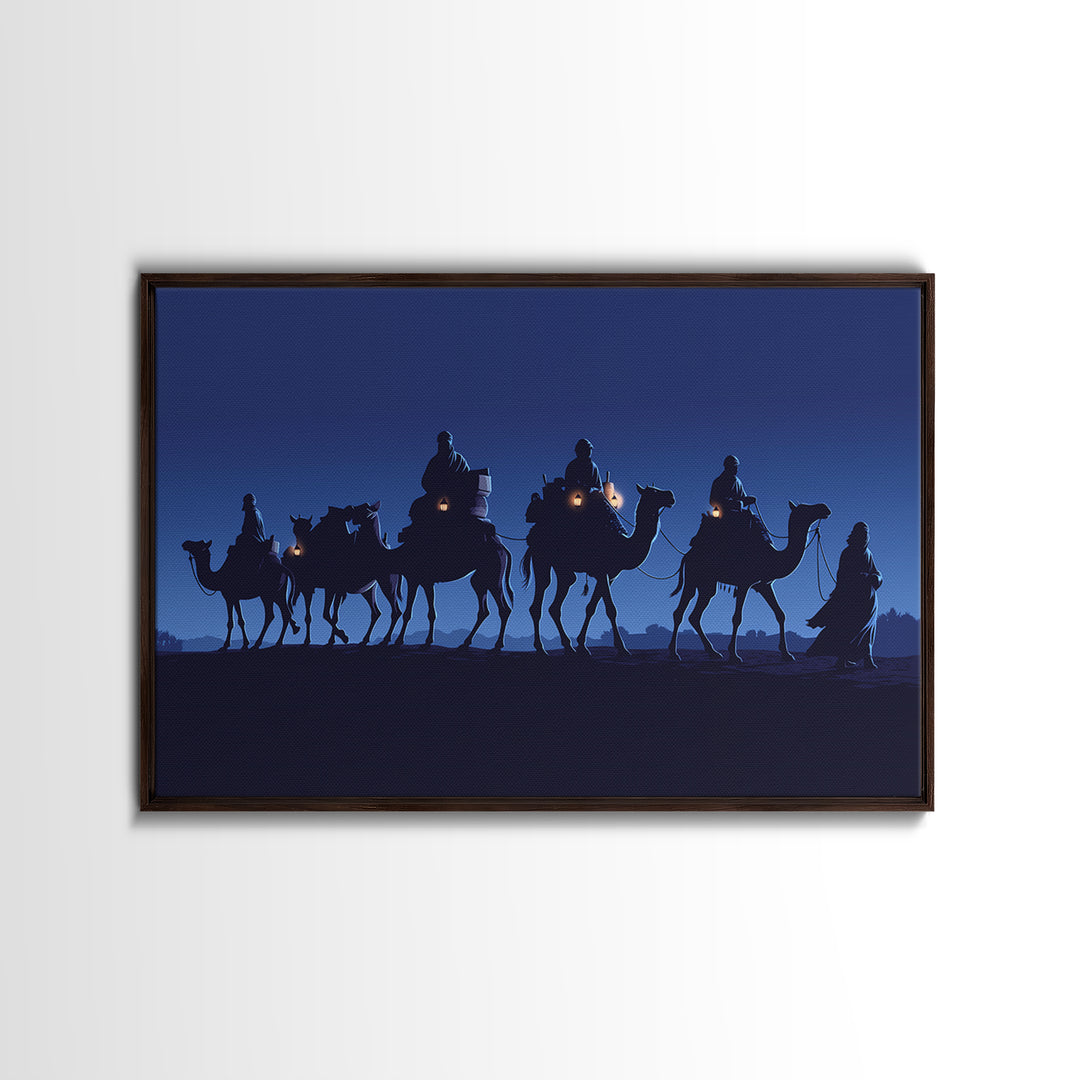 Midnight Camel Riders With Glowing Lanterns Canvas Print, African Safari Art, Blue Wall Decor, Moroccan Travel Gift For Home Decor