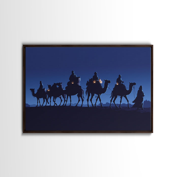 Midnight Camel Riders With Glowing Lanterns Canvas Print, African Safari Art, Blue Wall Decor, Moroccan Travel Gift For Home Decor