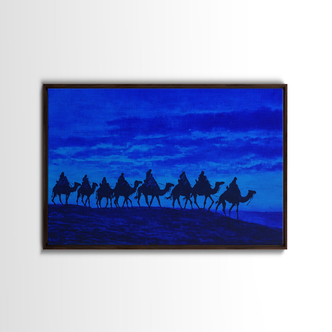 Textured Blue Camel Caravan On Ridge Wall Art, African Landscape Painting, Safari Decor, Boho Bedroom Wall Decor, Unique Home Decor