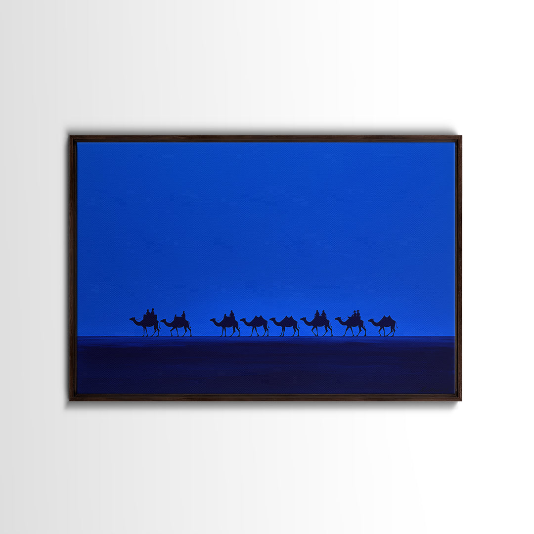 Minimalist Blue Desert Camel Caravan Canvas Print, African Safari Art, Modern Wall Decor, Large Living Room Artwork, Blue Home Decor