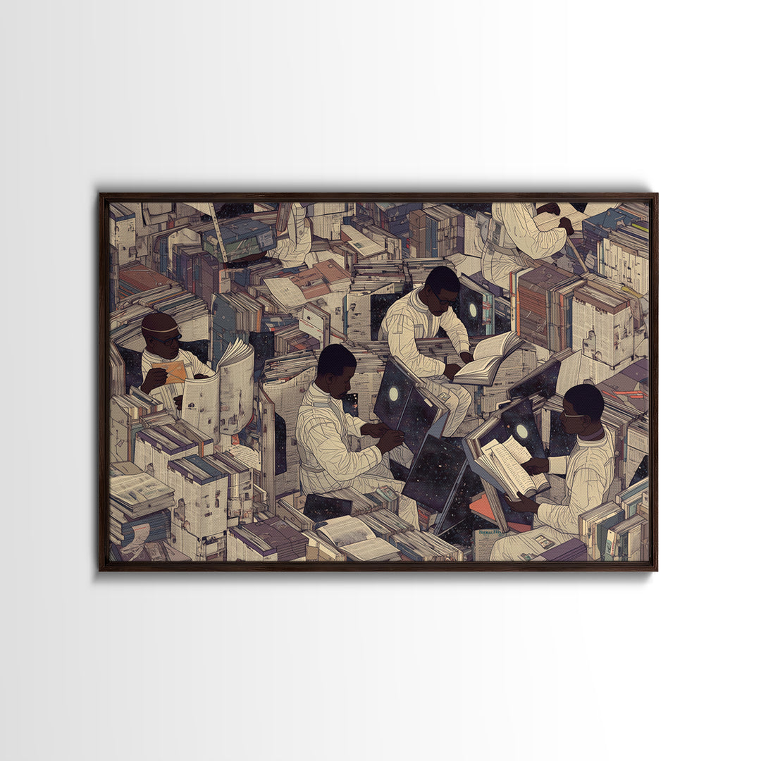 Surreal Black Scholars In Floating Book City Wall Art, Afrofuturism Decor, Black Culture Art, Unique Office Decor, Home Decor Gift