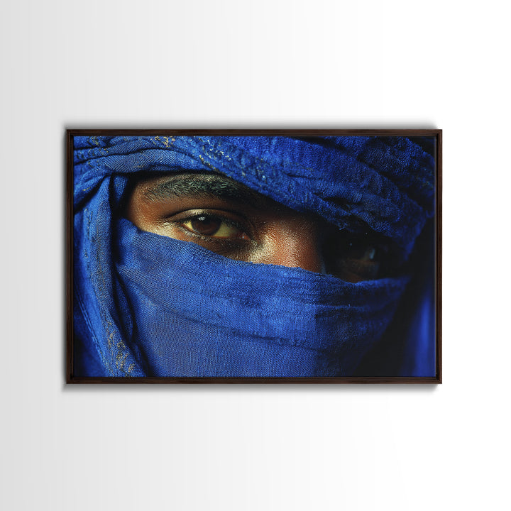 Blue Veiled Tuareg Eyes Portrait Framed Canvas Print, African Portrait, Moroccan Travel Art, Bold Cultural Wall Decor, Gift For Him