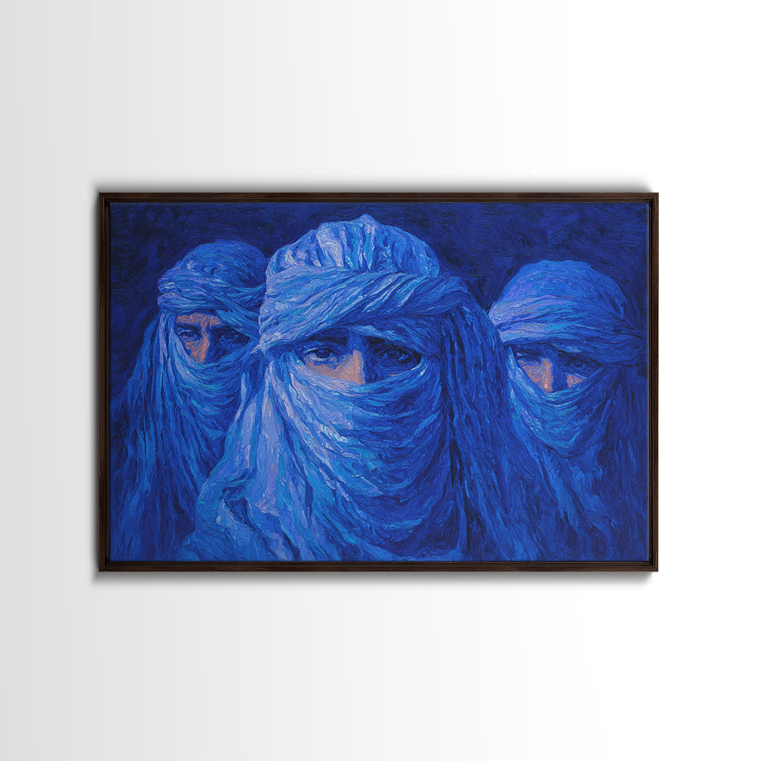 Blue Veiled Desert Nomad Portraits, African Wall Art, Tuareg Inspired Canvas Print, Afrocentric Decor, Bold Blue Gift For Home