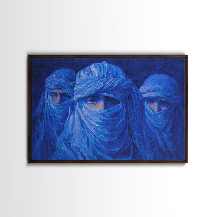 Blue Veiled Desert Nomad Portraits, African Wall Art, Tuareg Inspired Canvas Print, Afrocentric Decor, Bold Blue Gift For Home