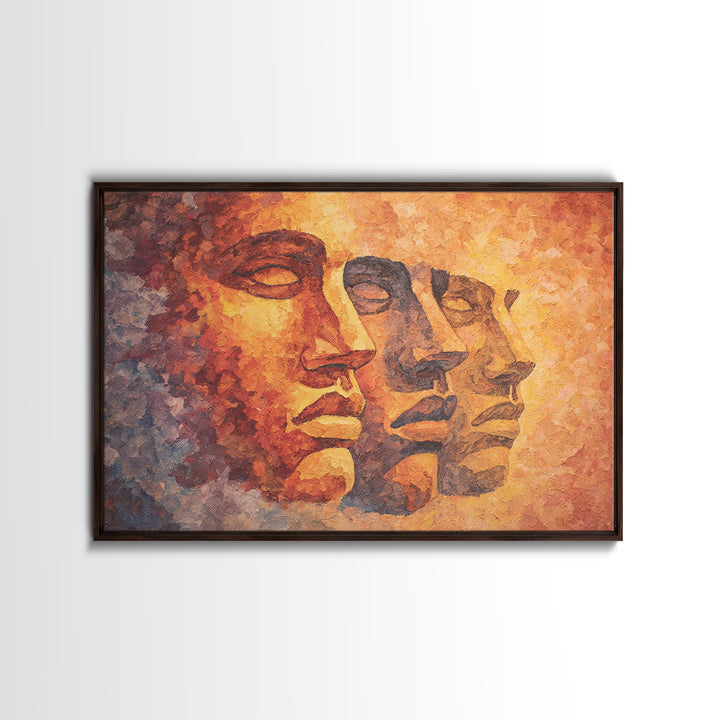 Textured Orange Ancestral Face Profiles, Framed Canvas Print, Abstract African Art, Warm Earth Tone Portrait Wall Decor Gift