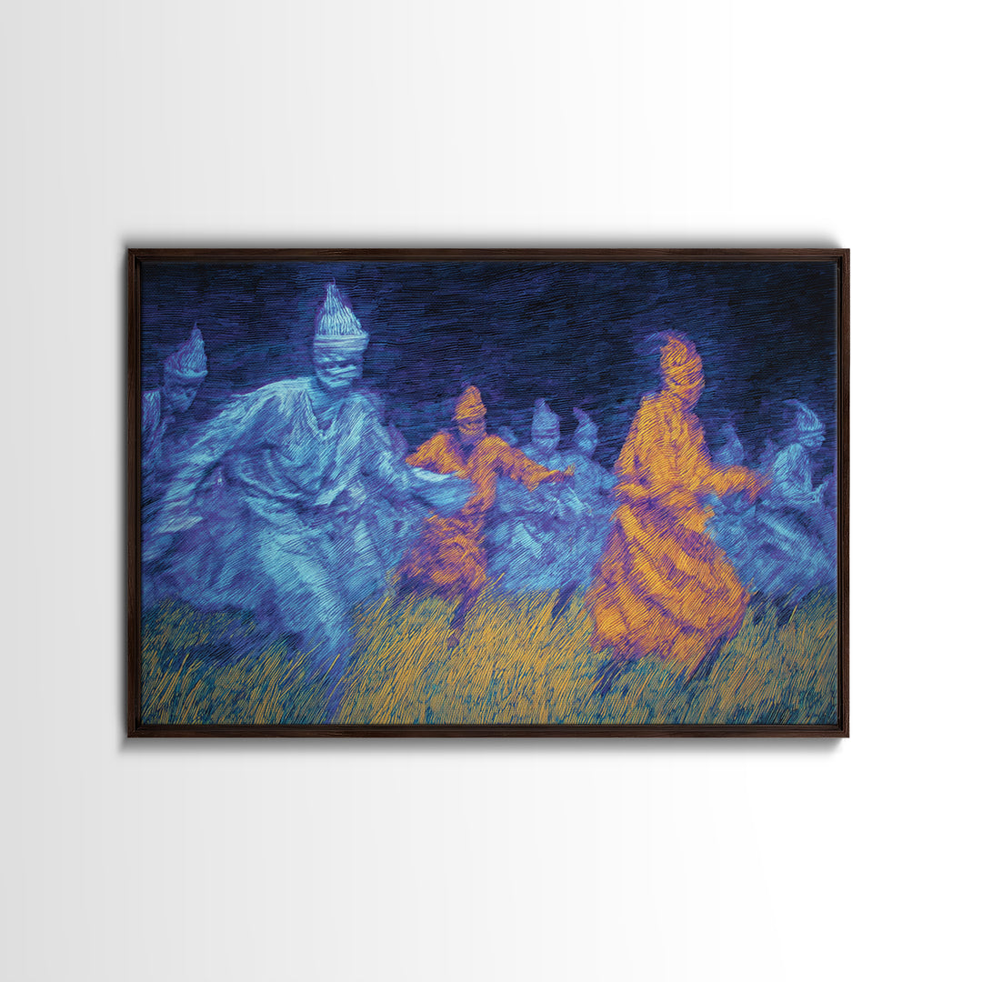 Blue And Orange African Spirit Dancers Wall Art, Cultural Tribal Art Print, Black History Decor, Afrocentric Canvas Print