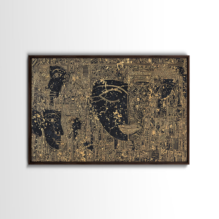 Golden Ancestral Faces And Geometric Tribal Patterns Wall Art, Afrocentric Black Culture Decor, Modern African Canvas Print