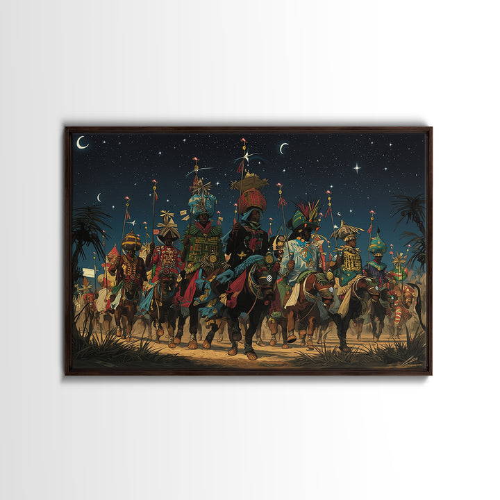 Starry Desert African Warriors On Horseback Framed Canvas Print, Tribal Procession Wall Decor, Afrocentric Safari Art Gift