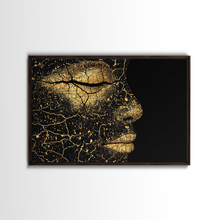 Golden Cracked Black Woman Profile Portrait Wall Art, Elegant Afrocentric Decor, Modern Black Art Print, Luxury Canvas Gift