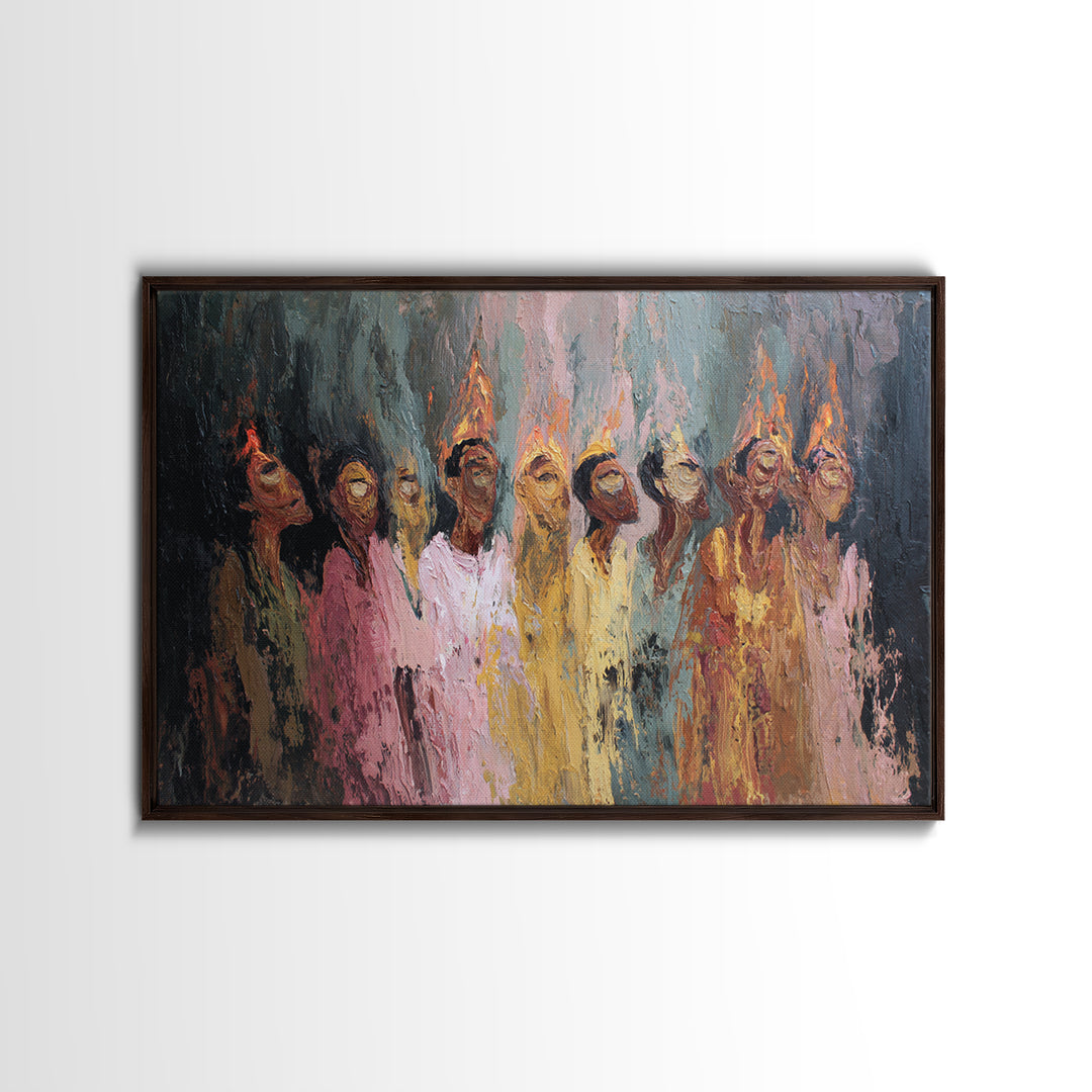 Textured Women In Fiery Robes With Tall Flame Crowns Framed Canvas Print, African Women Art, Elegant Wall Decor, Home Decor Gift