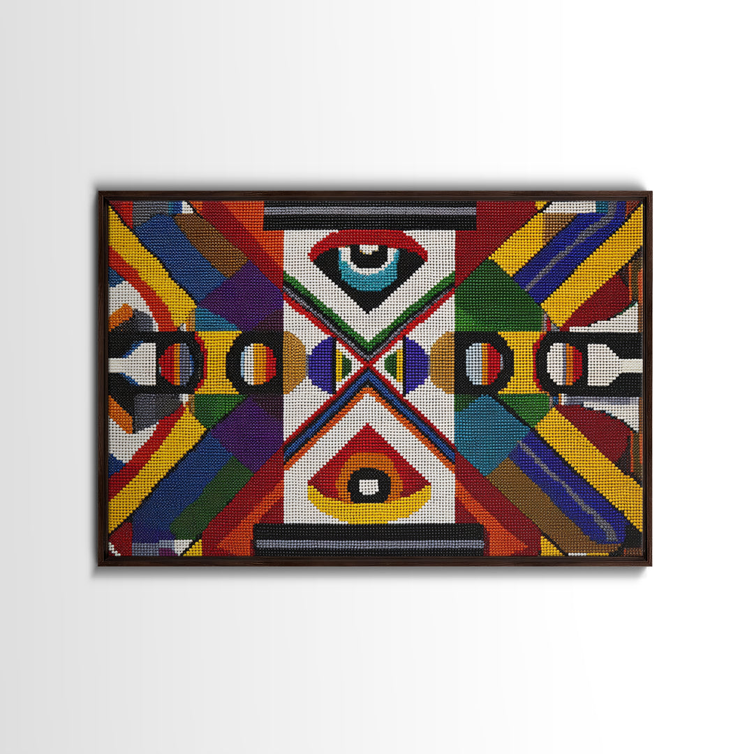 Bold Geometric Ankara Textile With All Seeing Eye Wall Art, Colorful African Patterns, Tribal Fabric Decor Canvas Print Gift