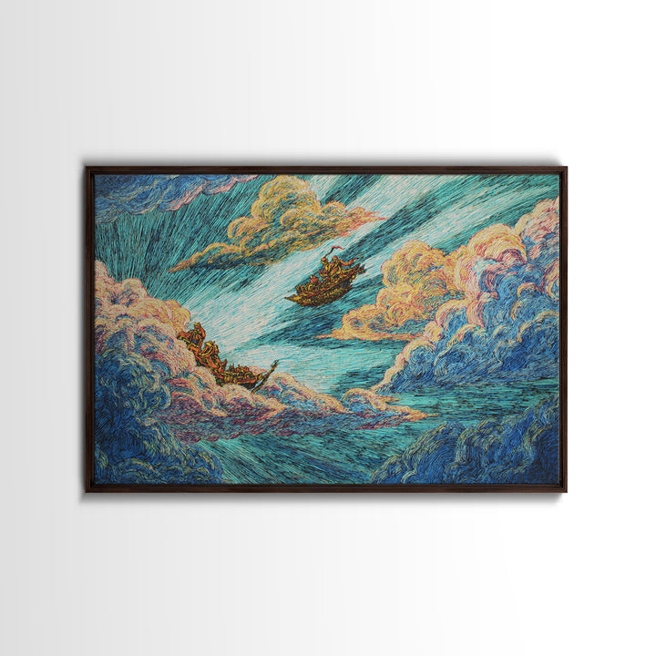 Dreamy Boats Sailing Through Clouds And Turquoise Waves Canvas Print, African Inspired Fantasy Wall Art, Colorful Decor Gift