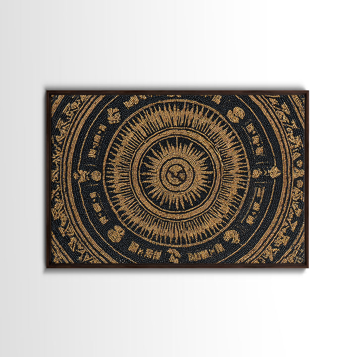 Gold Black African Mandala Bead Pattern Framed Canvas Print, Spiritual Circle Wall Decor, Elegant Ethnic Home Decor Gift