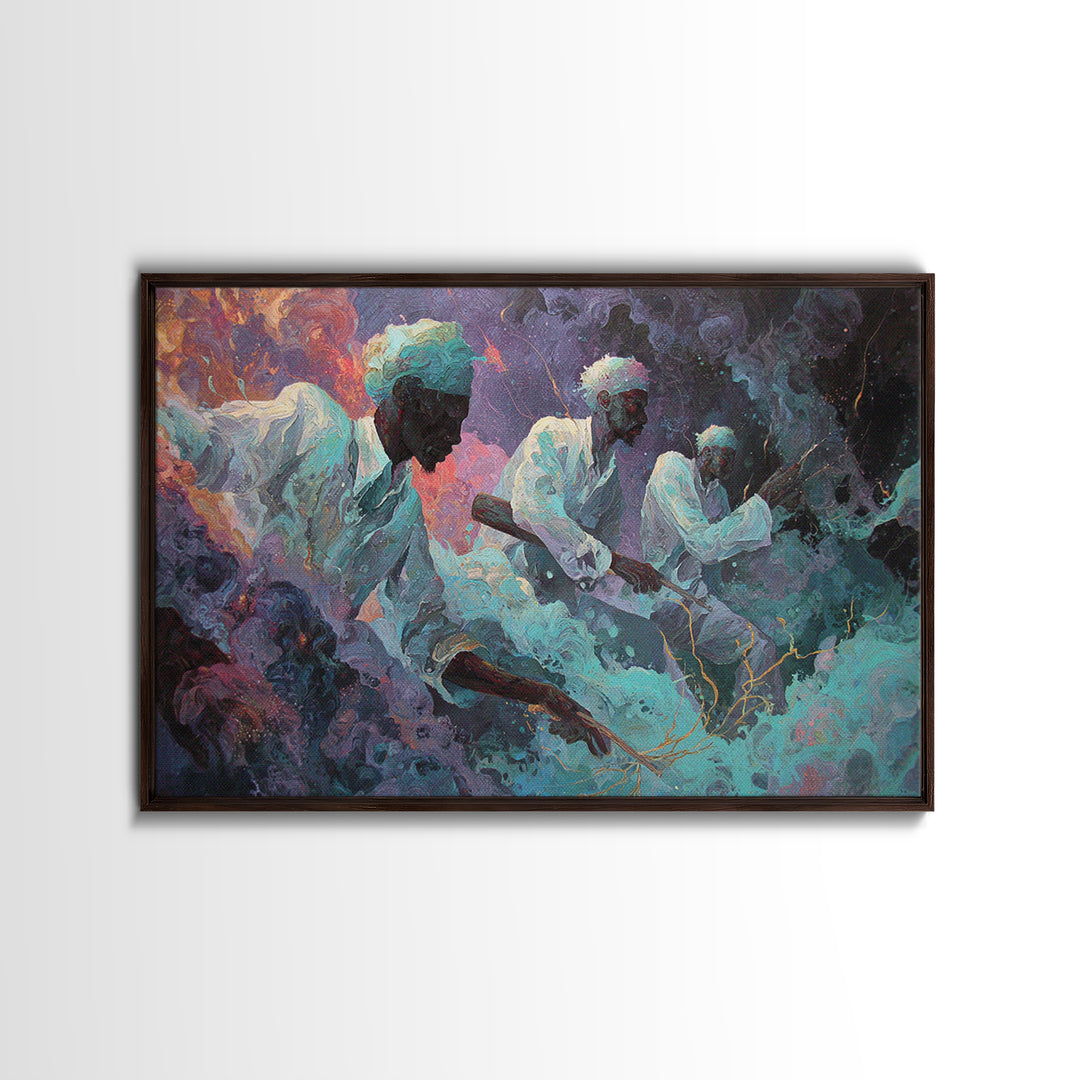 Mystical African Men In White Robes Canvas Print, Dreamy Cosmic Smoke Painting, Spiritual Afrocentric Wall Decor, Home Decor