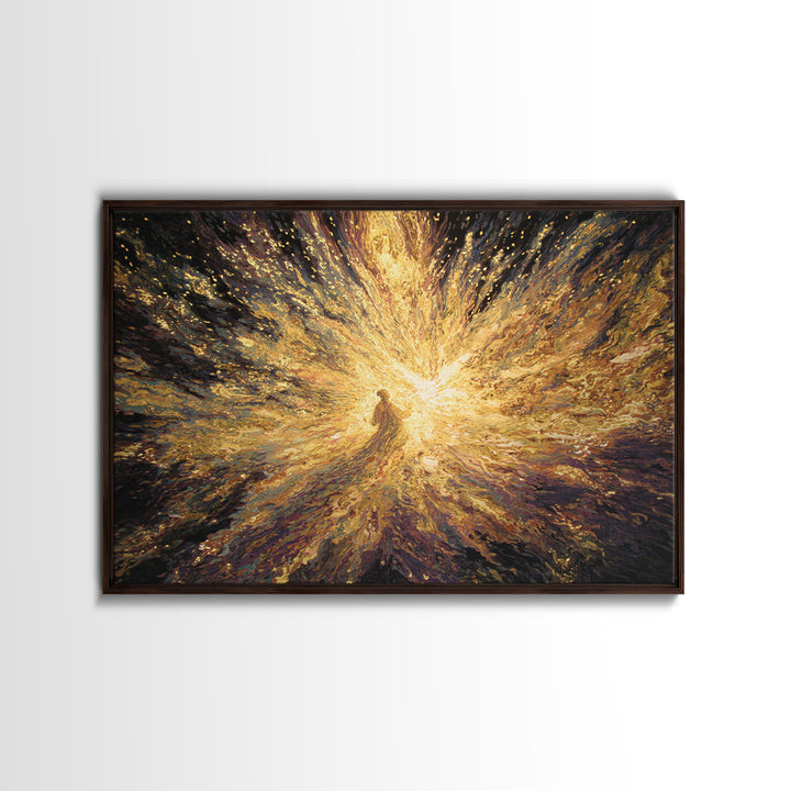 Radiant Golden Spiritual Figure Wall Art, Abstract Light Burst Painting, Mystical Afrocentric Decor, Statement Home Decor