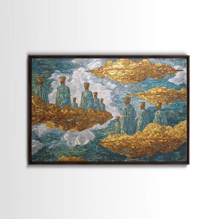 Surreal Floating Island Figures Wall Art, Blue And Gold African Inspired Decor, Dreamy Abstract Ethnic Art Print, Modern Canvas