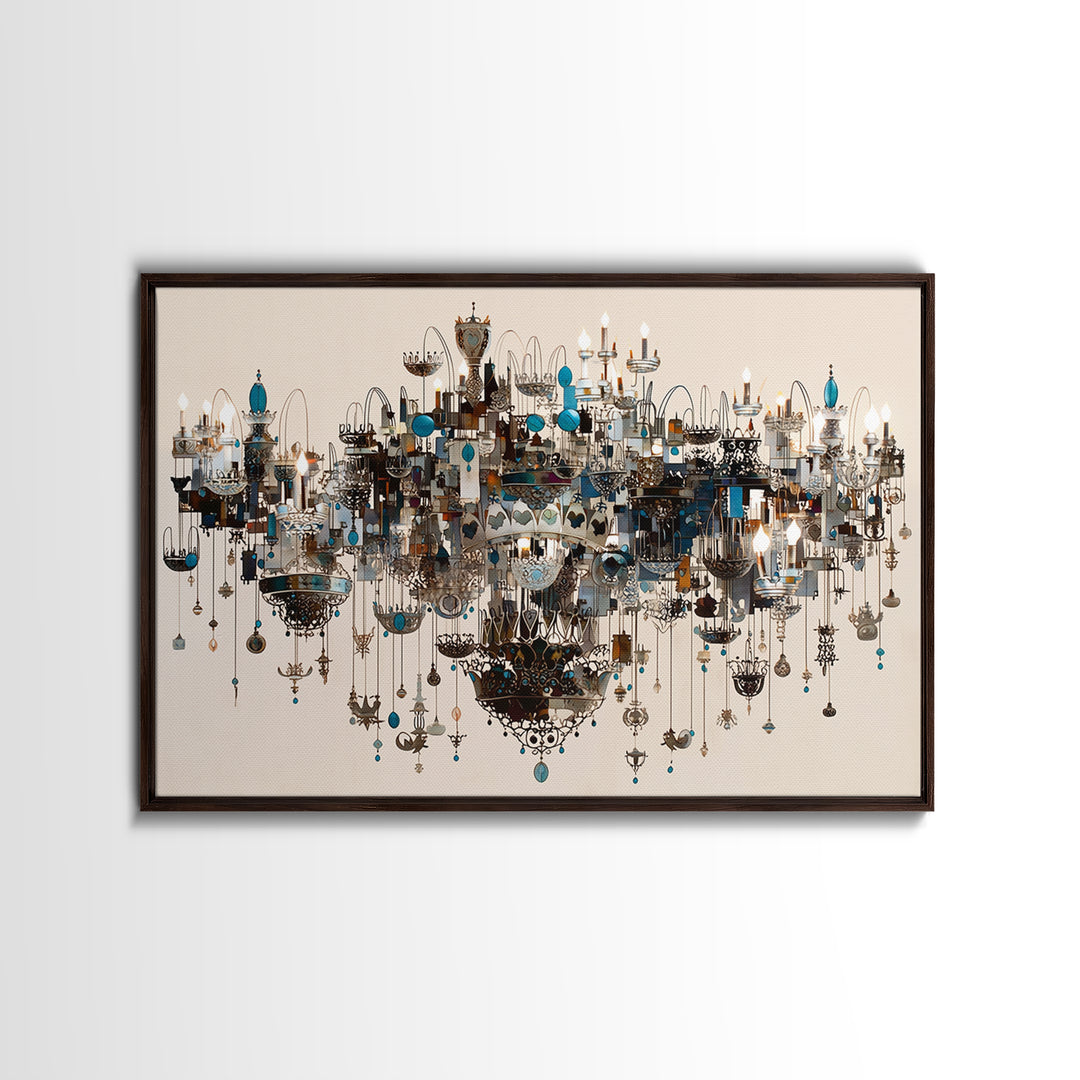 Ornate Blue Jewel Chandelier Framed Canvas Print, Luxury Lighting Wall Decor, Elegant Home Decor, Maximalist Statement Art
