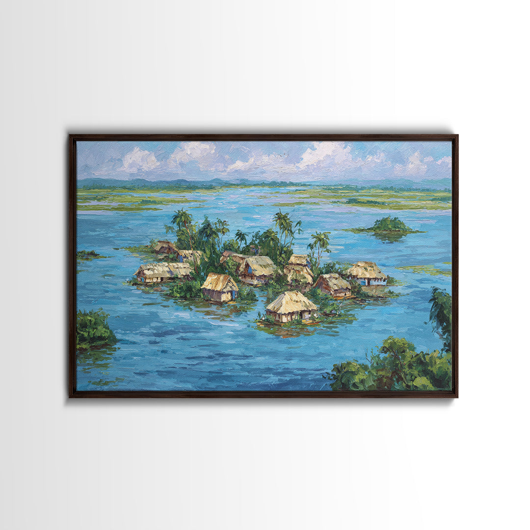 Tropical Island Village Canvas Print, Blue Water Palm Hut Landscape, Africa Inspired Coastal Wall Art, Nature Decor Gift