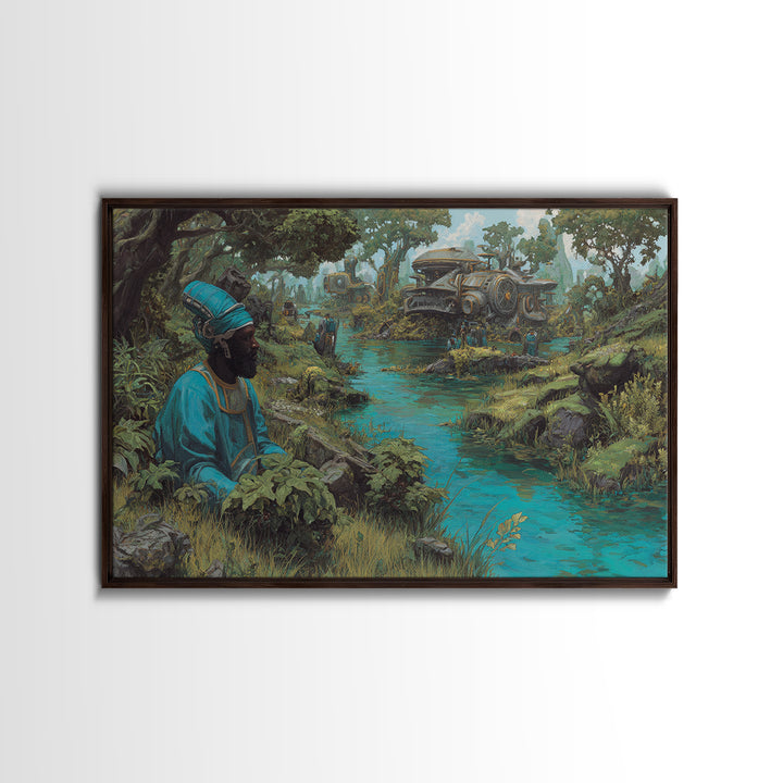 Blue Robed African Man By Jungle River Wall Art, Steampunk Train Landscape, Afrocentric Decor, Modern African Art Print Gift