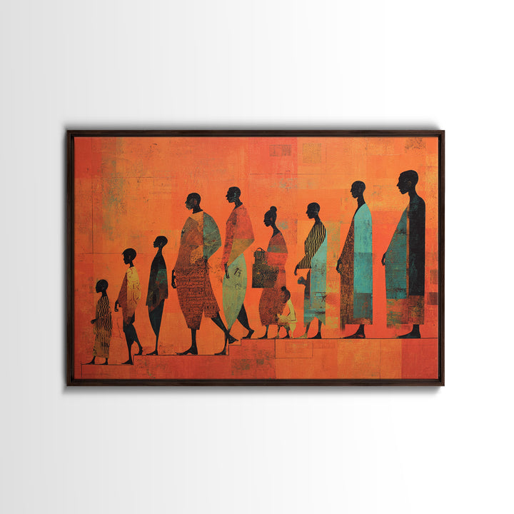 African Family Silhouette Wall Art, Orange Abstract Canvas Print, Ancestral Journey Decor, Black Culture Home Decor Gift