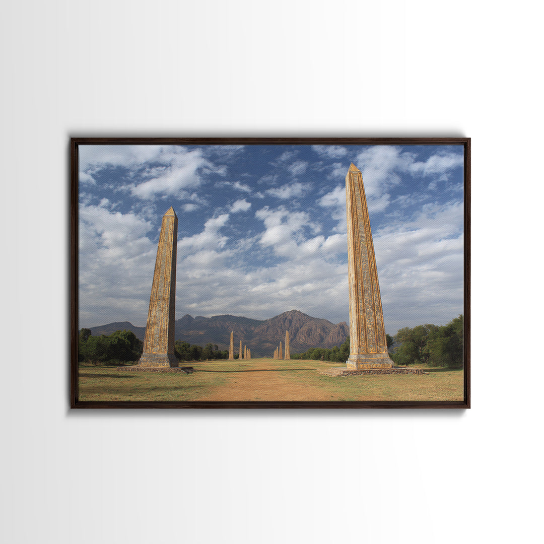 Ancient African Obelisks Wall Art, Monument Landscape Canvas Print, Ethiopia Inspired Travel Decor, Cultural Home Art Gift