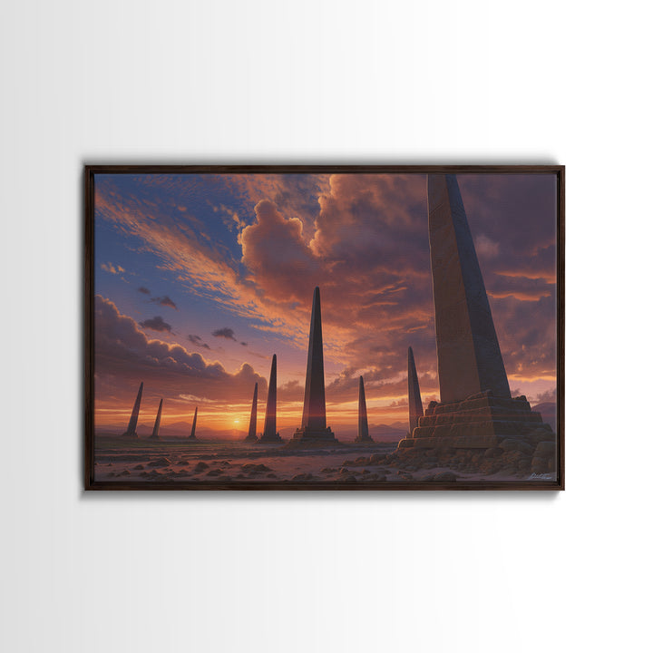 Sunset Desert Obelisks Wall Art, Ancient Monument Canvas Print, African Landscape Decor, Dramatic Travel Home Gallery Gift