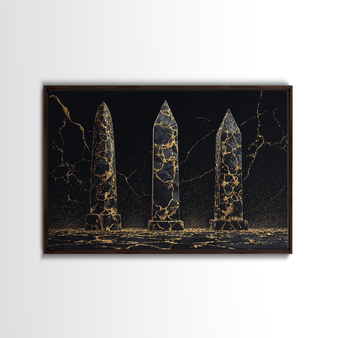 Black And Gold Cracked Obelisks Wall Art, Abstract African Art, Luxury Canvas Decor, Modern Textured Statement Wall Decor