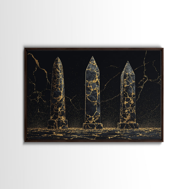 Black And Gold Cracked Obelisks Wall Art, Abstract African Art, Luxury Canvas Decor, Modern Textured Statement Wall Decor