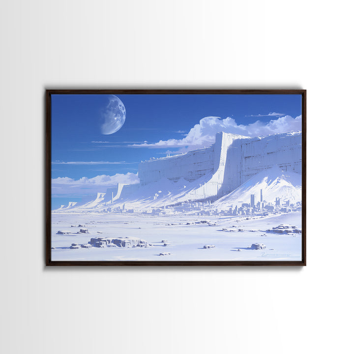 Blue Ice Citadel Moon Landscape Canvas Print, Dreamy Wall Art, Modern Canvas Art, Large Blue Office Decor, Housewarming Gift