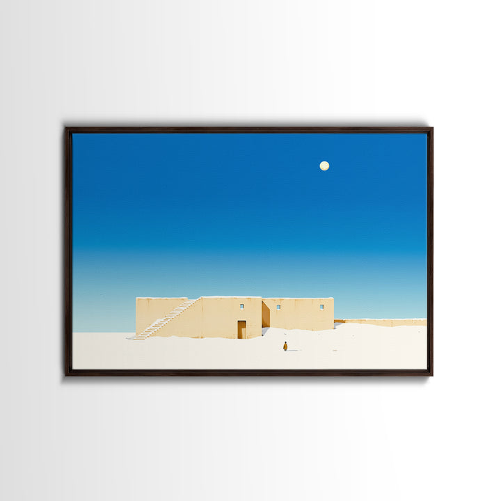 Minimalist Adobe Desert House Canvas Print, Blue Sky Architecture, Beige Wall Art, Modern Southwestern Style Home Decor Gift