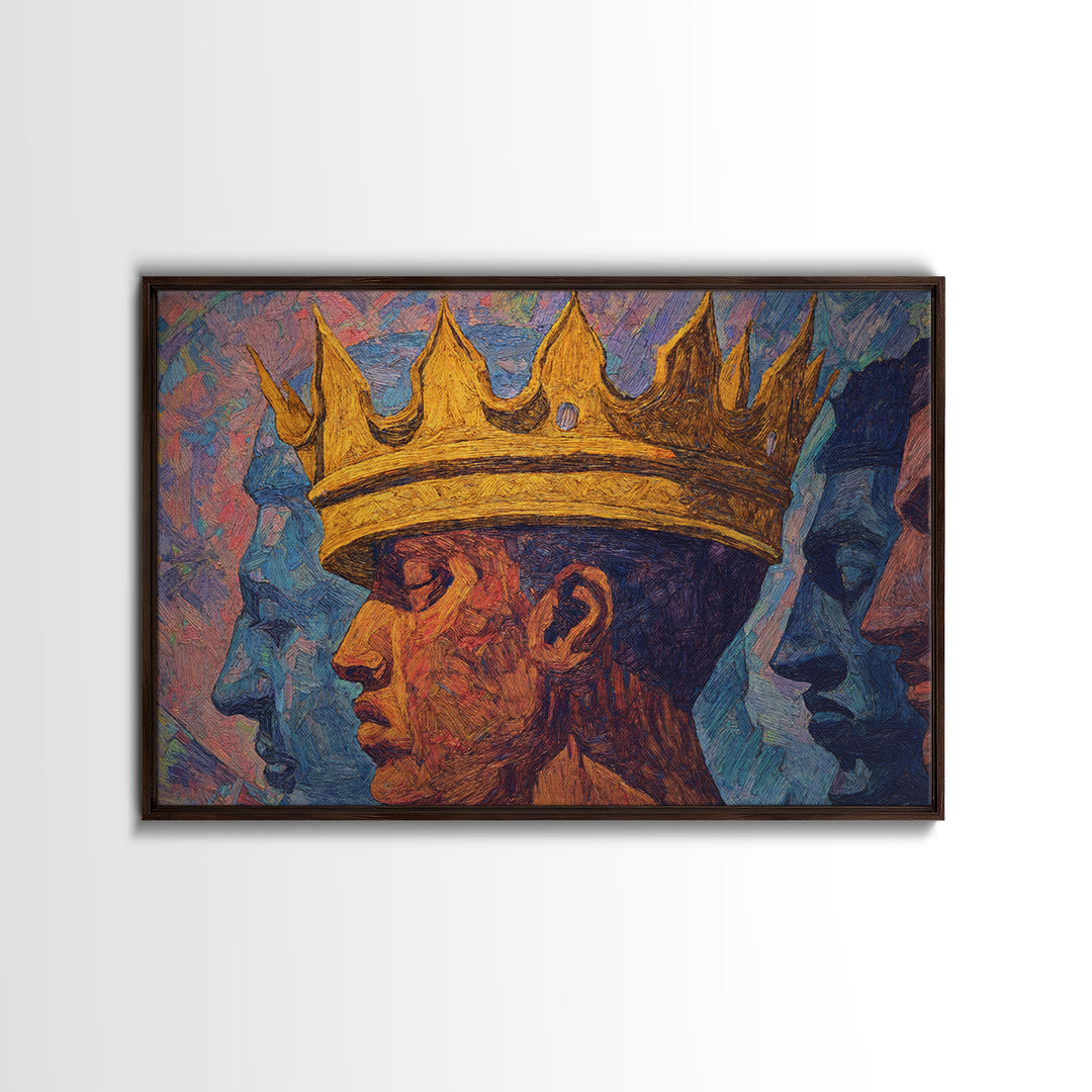 Crowned African King Portrait With Blue Spirit Faces Wall Art, Afrocentric Black History Gift, African American Art Decor